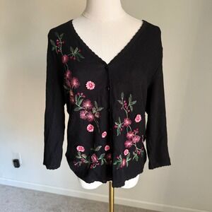 Vtg Escada Wool Blend Embroidered Floral Black V Neck Button Up Cardigan Medium